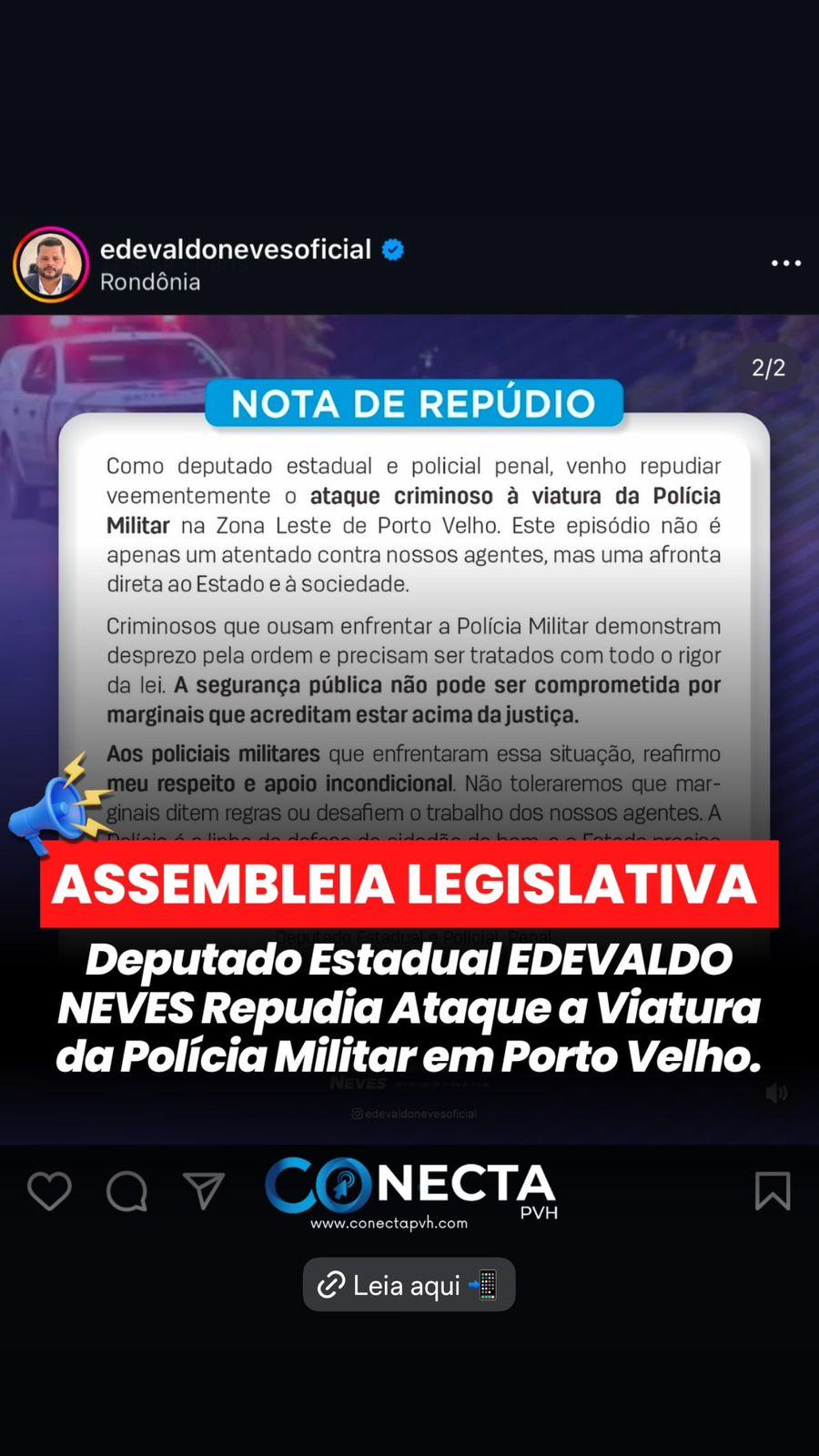 Deputado Estadual Edevaldo Neves Repudia Ataque a Viatura da Polícia Militar em Porto Velho
