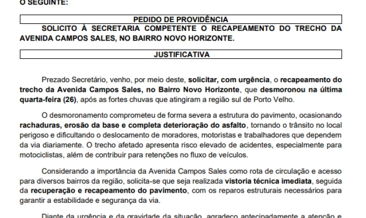 Vereador Edimilson Dourado cobra recapeamento urgente em trecho danificado da avenida Campos Sales